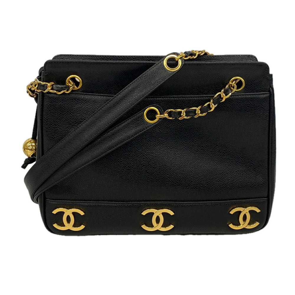 Chanel Shoulder Bag, Chain Shoulder, Triple Coco, Caviar Leather, Black, Wome...